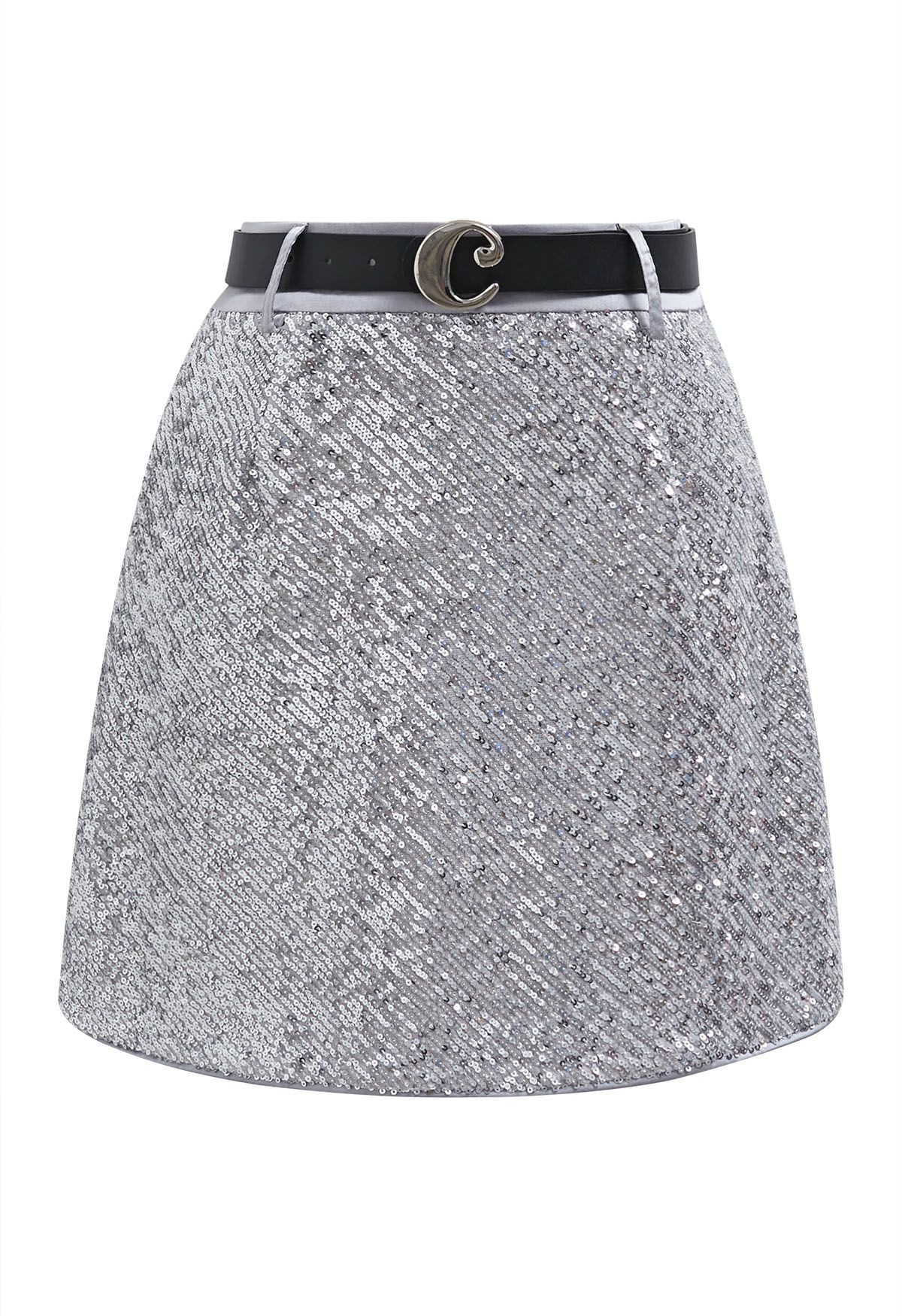 Sparkling Sequin Belted Mini Bud Skirt in Silver | Chicwish