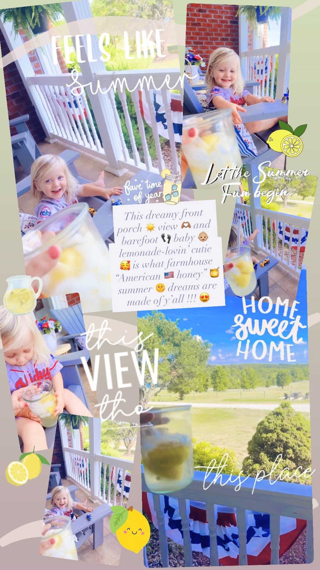 This dreamy front porch ☀️ view 🫶🏽 and barefoot 👣 baby 👶🏼 lemonade-lovin’ cutie 🥰 is what farmhouse “American 🇺🇸 honey” 🍯  summer 🌞 dreams are made of y’all !!! 😍