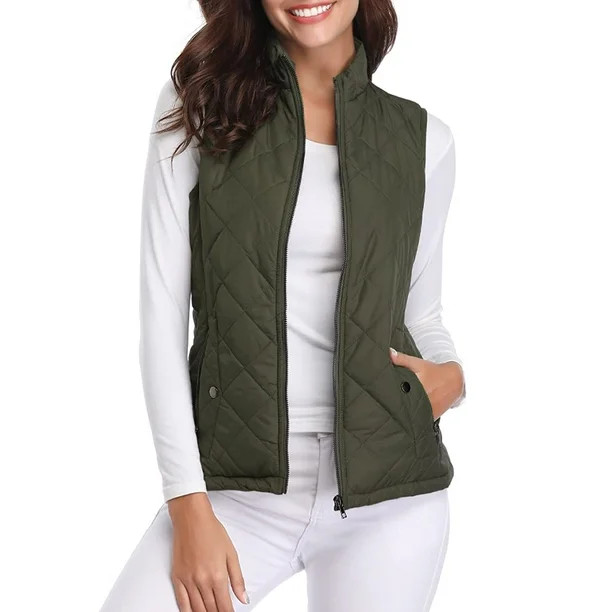Fuinloth Women Quilted Vest, Stand Collar Lightweight Zip Padded Gilet Outerwear Coats Green S | Walmart (US)