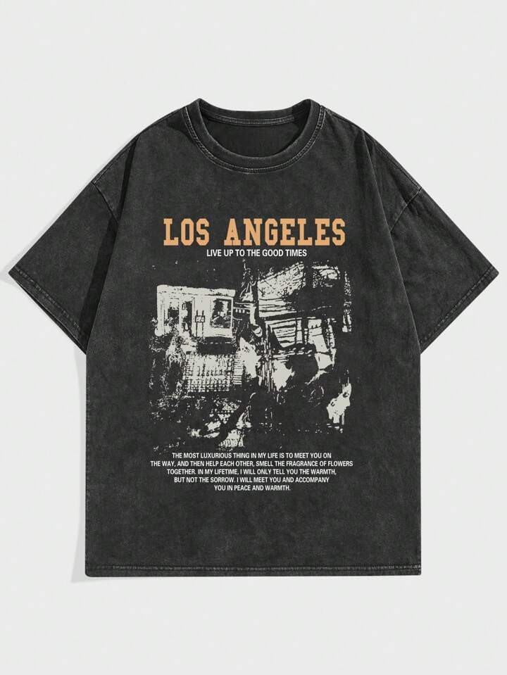 ROMWE Street Life Guys Snow Wash Vintage Slogan Graphic Tee | SHEIN