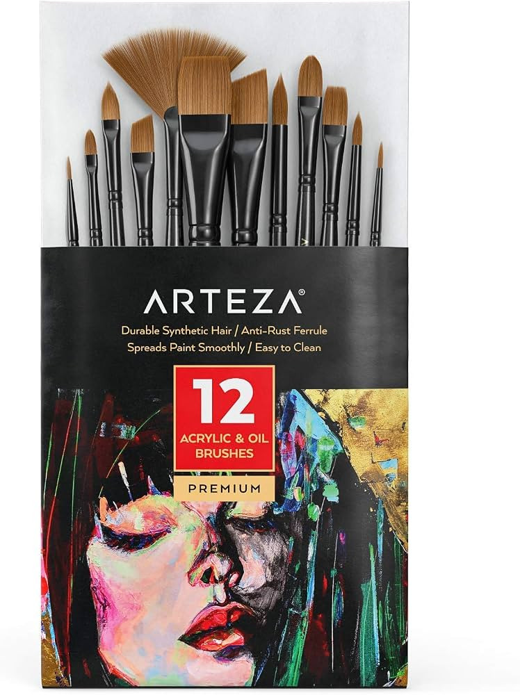 Arteza Paint Brushes, Set of 12, Premium Synthetic Acrylic & Oil Paint Brushes with Brass Ferrule... | Amazon (US)