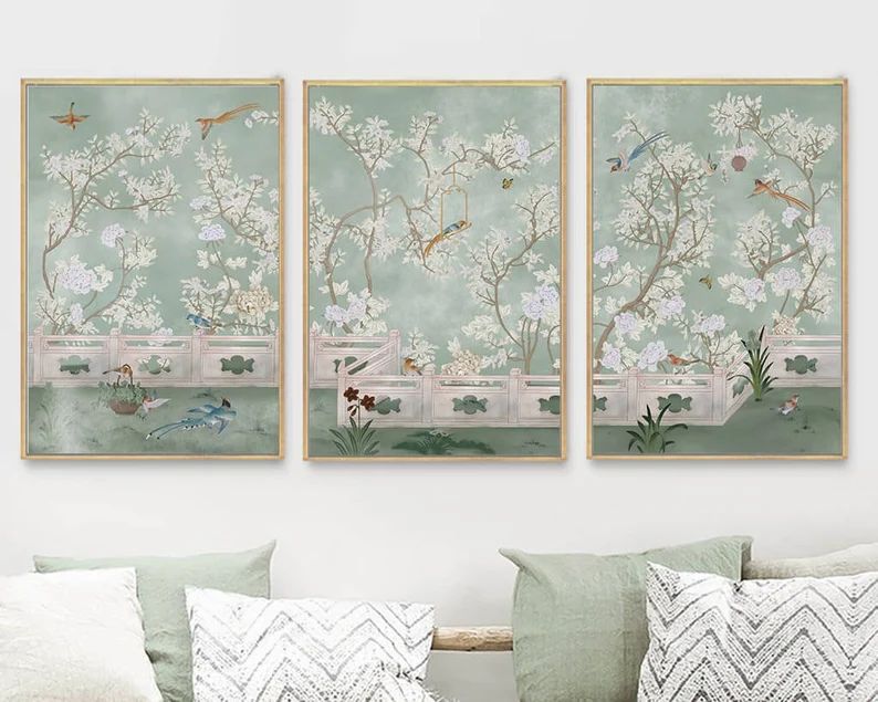 NAUZHA Chinoiserie Green Panels, Set of 3, Silk Fabric, Wall Art, Wall Decor, Wall Decal, Wall Ha... | Etsy (US)
