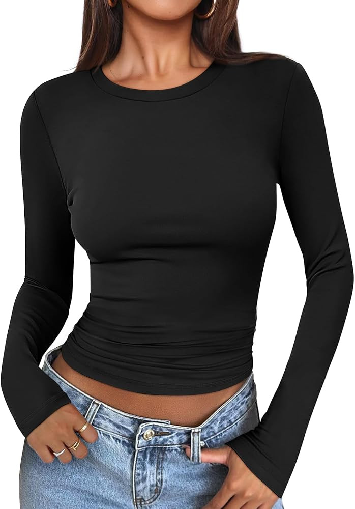 ATHMILE Womens Basic T-Shirts Going Out Crop Tops Tight Slim Fit Cute Teen Girls Short Sleeve/Lon... | Amazon (US)