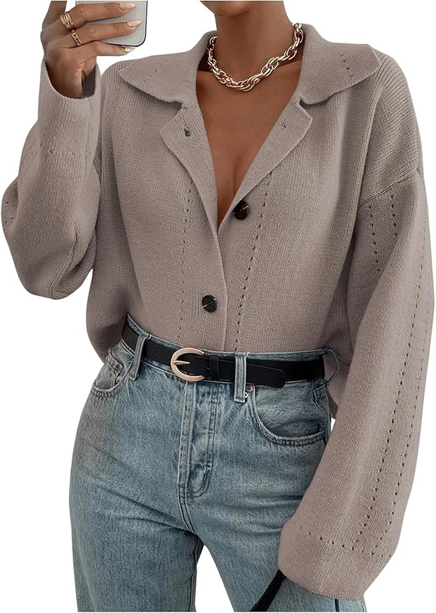 MakeMeChic Women's Long Sleeve Button Down Cardigan Sweater Collared Drop Shoulder Sweaters | Amazon (US)