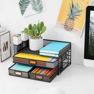 Black 12.6in x 11.22in Wire Mesh 3-Tier Desk Organizer with Drawers and Pen Holders for Office Supplies | The Home Depot