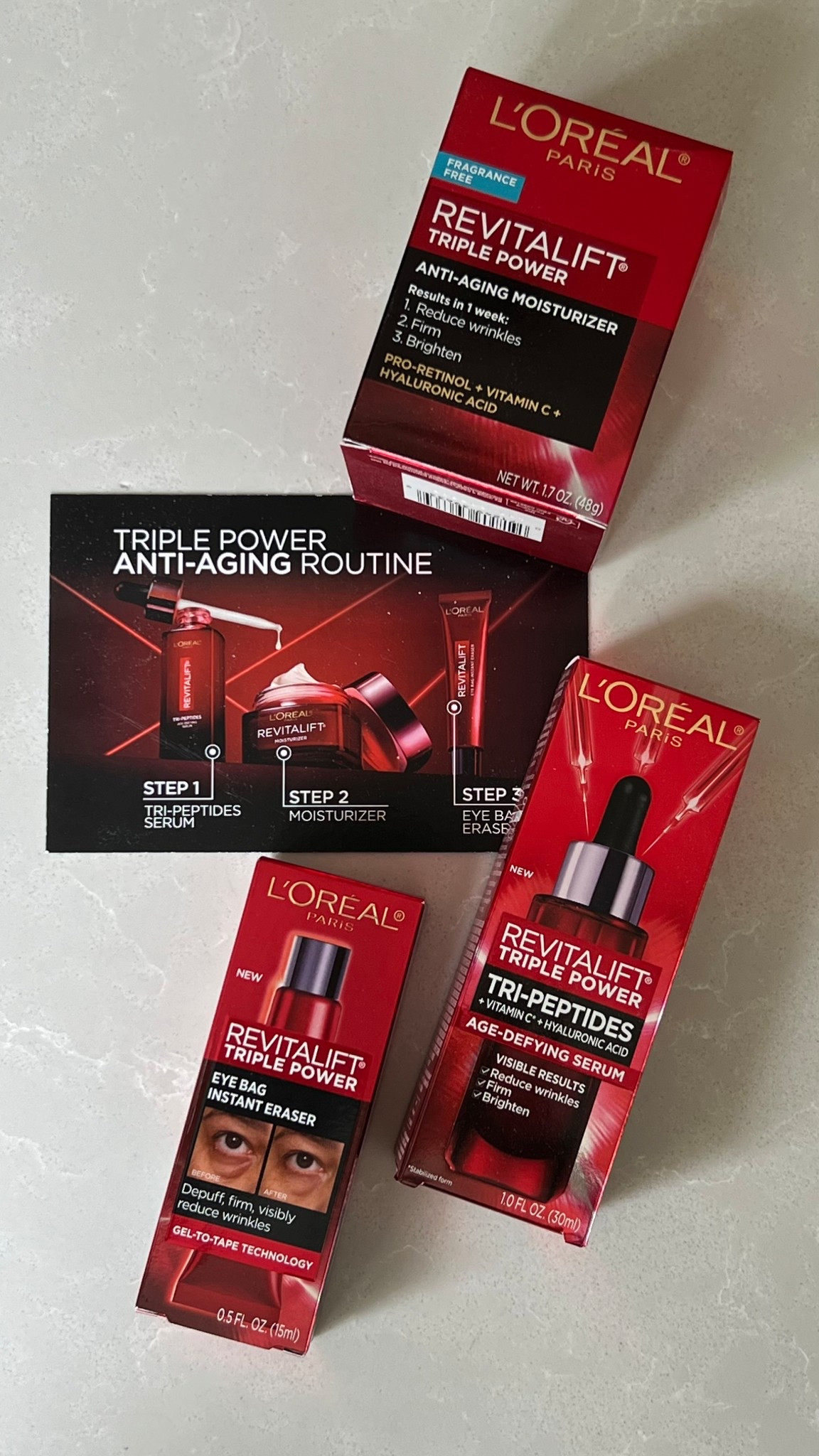 DISCOVER THE ULTIMATE ANTI-AGING ROUTINE
Step 1: TRIPLE POWER TRI-PEPTIDES SERUM
Visibly reverse signs of aging with this 3-in-1 formula packed with a 3% Peptide Complex, Vitamin C, and Hyaluronic Acid to reduce wrinkles, firm, and brighten skin.
Step 2: TRIPLE POWER MOISTURIZER
Reverse up to 10 years of wrinkles in just 4 weeks! Formulated with derm-recommended ingredients: Pro-Retinol, Vitamin C, and Hyaluronic Acid, this anti-aging moisturizer is clinically proven to visibly reduce wrinkles, firm and brighten skin*.
Step 3: TRIPLE POWER EYE BAG INSTANT ERASER
Depuff under-eye bags in just 15 minutes. Instantly erase the look of under eye bags, wrinkles, and crow's feet for a rested, refreshed, and youthful look that lasts up to 8 hours**.

@lorealparis 

#LTKgrwm #LTKBeauty #LTKselfcare