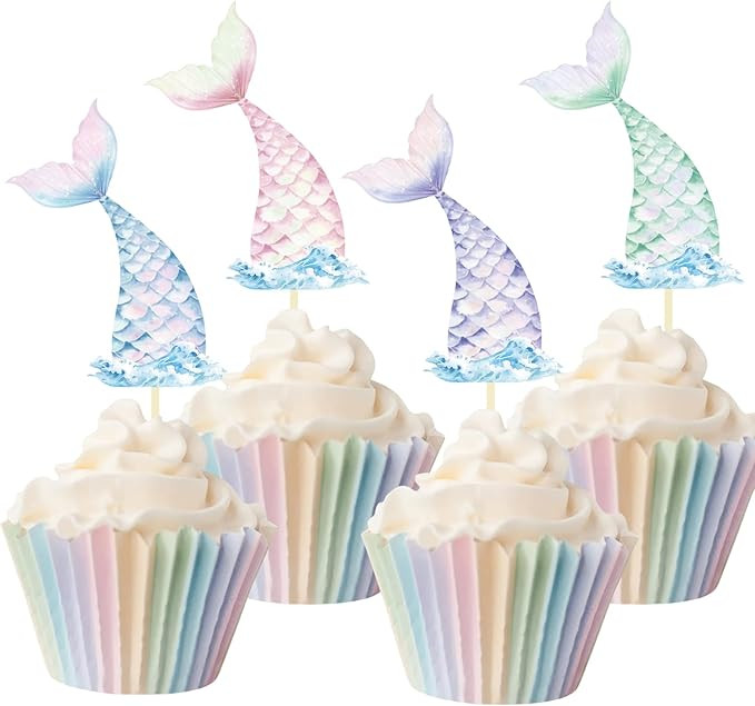 24 Pieces Mermaid Tail Cupcake Toppers Under the Sea Cake Decorations Picks for Mermaid theme Bir... | Amazon (US)