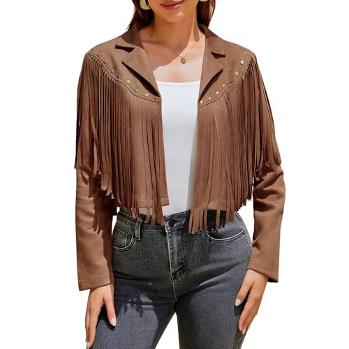 UpFind Women's Fringe Faux Suede Leather Jackets Fashion Fall Western Tassel Motorcycle Cropped Open Front Coats with Rivets, Dark Browncoffee/Small | Amazon (US)