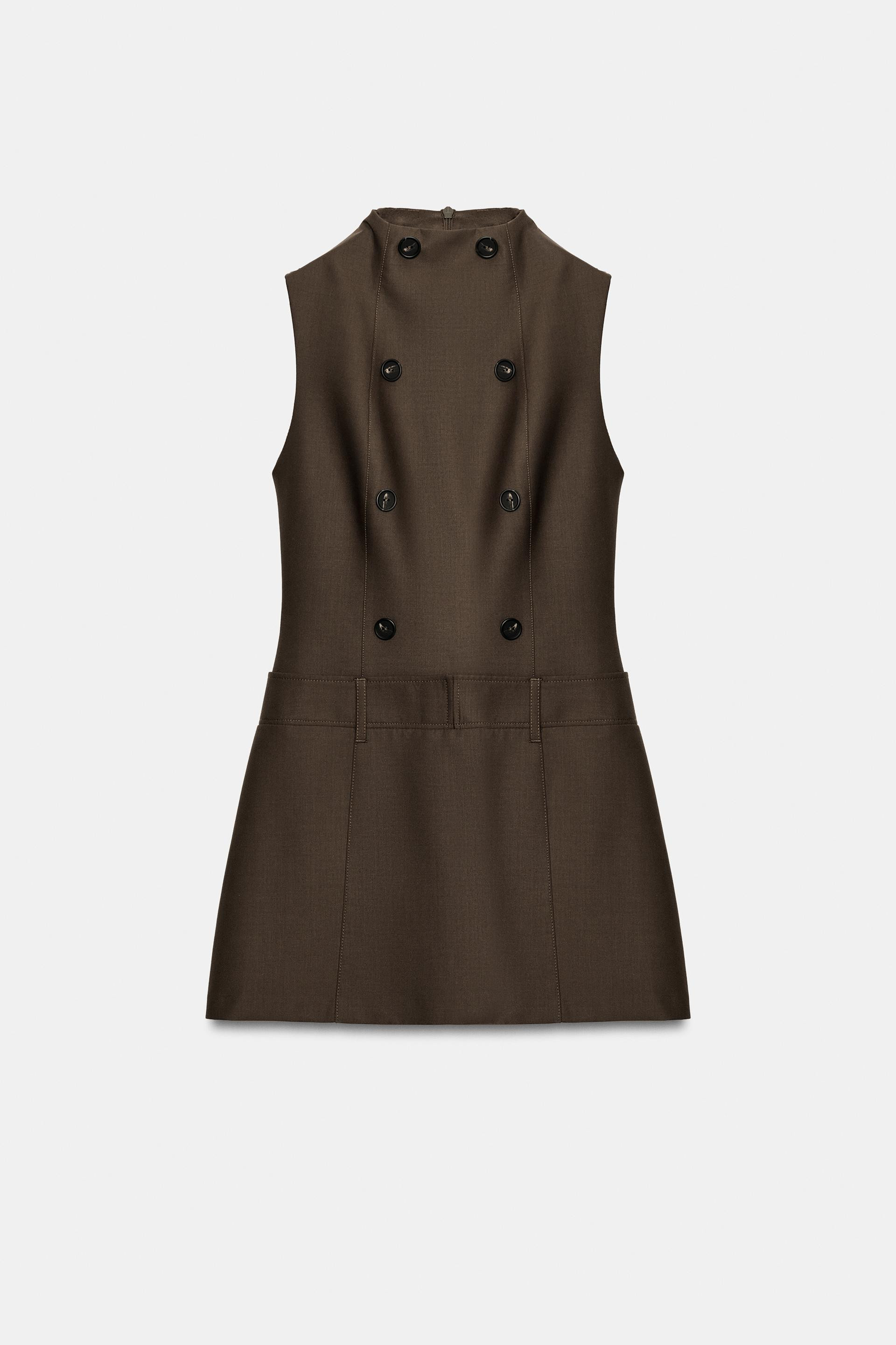 Zara - High-Neck Button Dress - Dark Khaki - M - Woman | Zara US