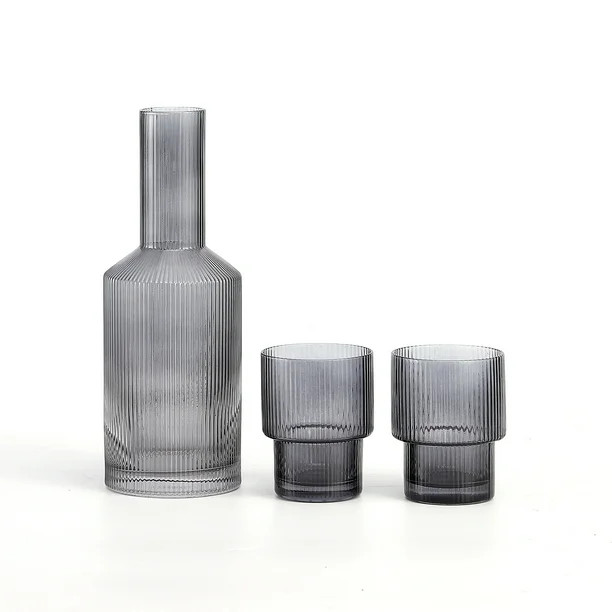 PORPAN Bedside Water Carafe, Ribbed Glassware, Water Carafe with Glass Cup for Nightstand, 27oz... | Walmart (US)