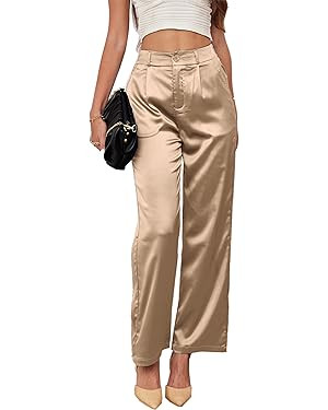 heipeiwa Women's Wide Leg Wedding Party Satin Casual Dress Nightout Pants Long Trouser | Amazon (US)