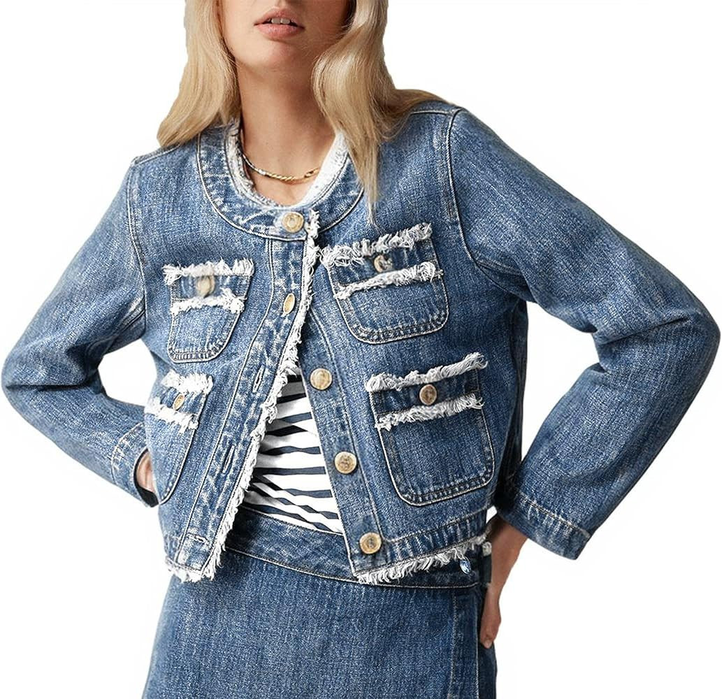 Ladyful Women's Cropped Denim Jacket Frayed Collarless Button Down Long Sleeve Pockets Jean Coat | Amazon (US)