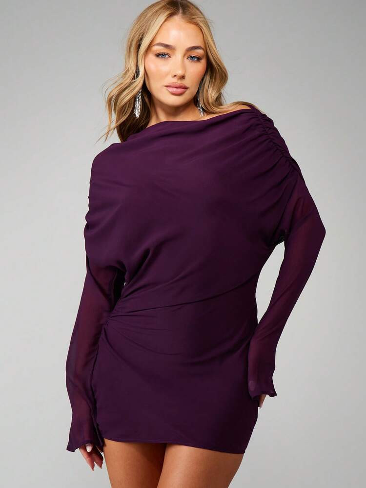 MISSGUIDED Draped Off Shoulder Long Sleeve Mini Dress With Asymmetrical Neckline And Tie Belt Detail | SHEIN