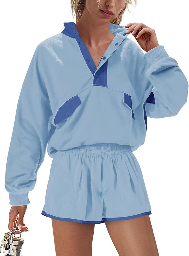 LAMISSCHE Work out Sets Gym for Women Sweatsuits 2 Piece Set Long Sleeve Top & Shorts Active Wear... | Amazon (US)