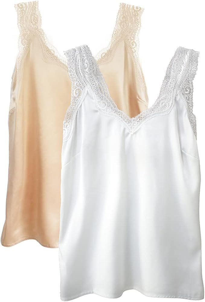 Womens Satin Silk Camisole Lace Straps Tank Top Cami V-Neck | Amazon (US)