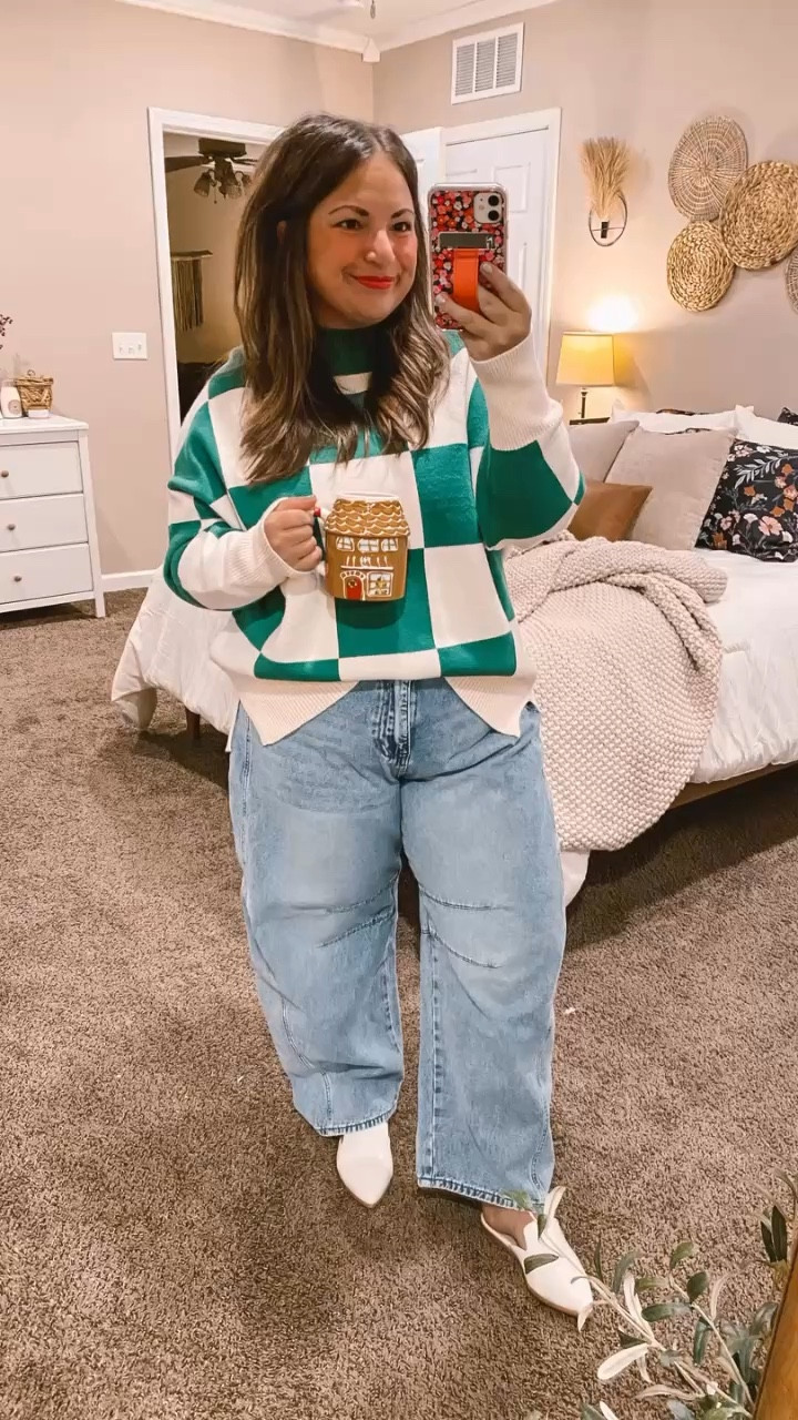 Cozy vibes in full swing with this green & white checkered sweater! Perfectly paired with a festive gingerbread coffee mug, it’s time to enjoy all the holiday cheer. ☕️

mules: fit true to size // wearing a 5
jeans: fit true to size // wearing a 14
sweater: fits oversized // wearing a large 

 #LTKGiftGuide #LTKHoliday #LTKStyleTip