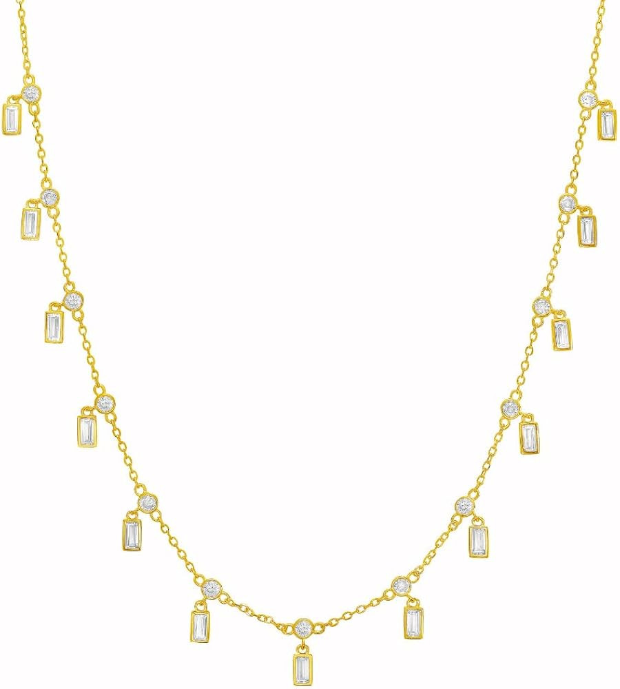 Gold Plated Dangle Necklace with Baguette & Round Cubic Zirconia Charms – Adjustable Layering N... | Amazon (US)