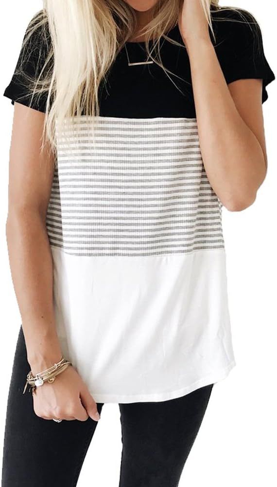 YunJey Round Neck Triple Color Block Stripe T-Shirt | Amazon (US)