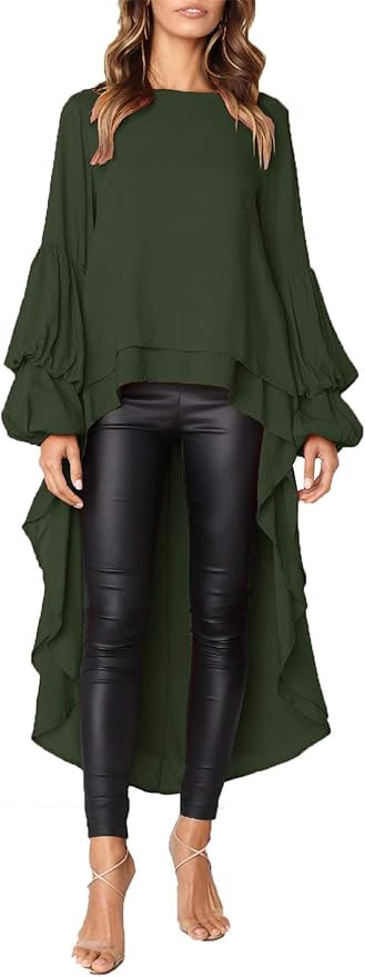 PRETTYGARDEN Women's Lantern Long Sleeve Round Neck High Low Asymmetrical Irregular Hem Casual To... | Amazon (US)