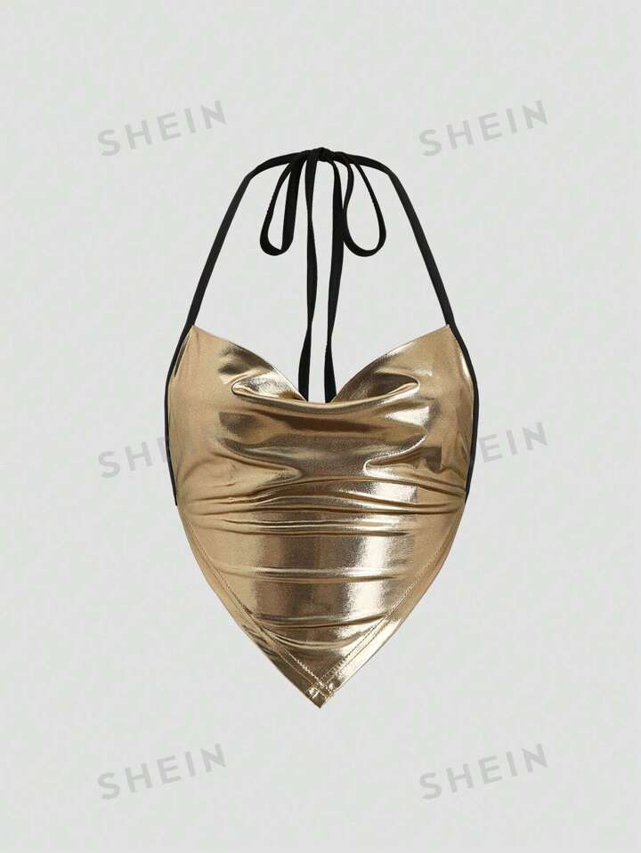 SHEIN ICON Draped Bandana Hem Tie Backless Metallic Spaghetti Strap Top | SHEIN USA | SHEIN