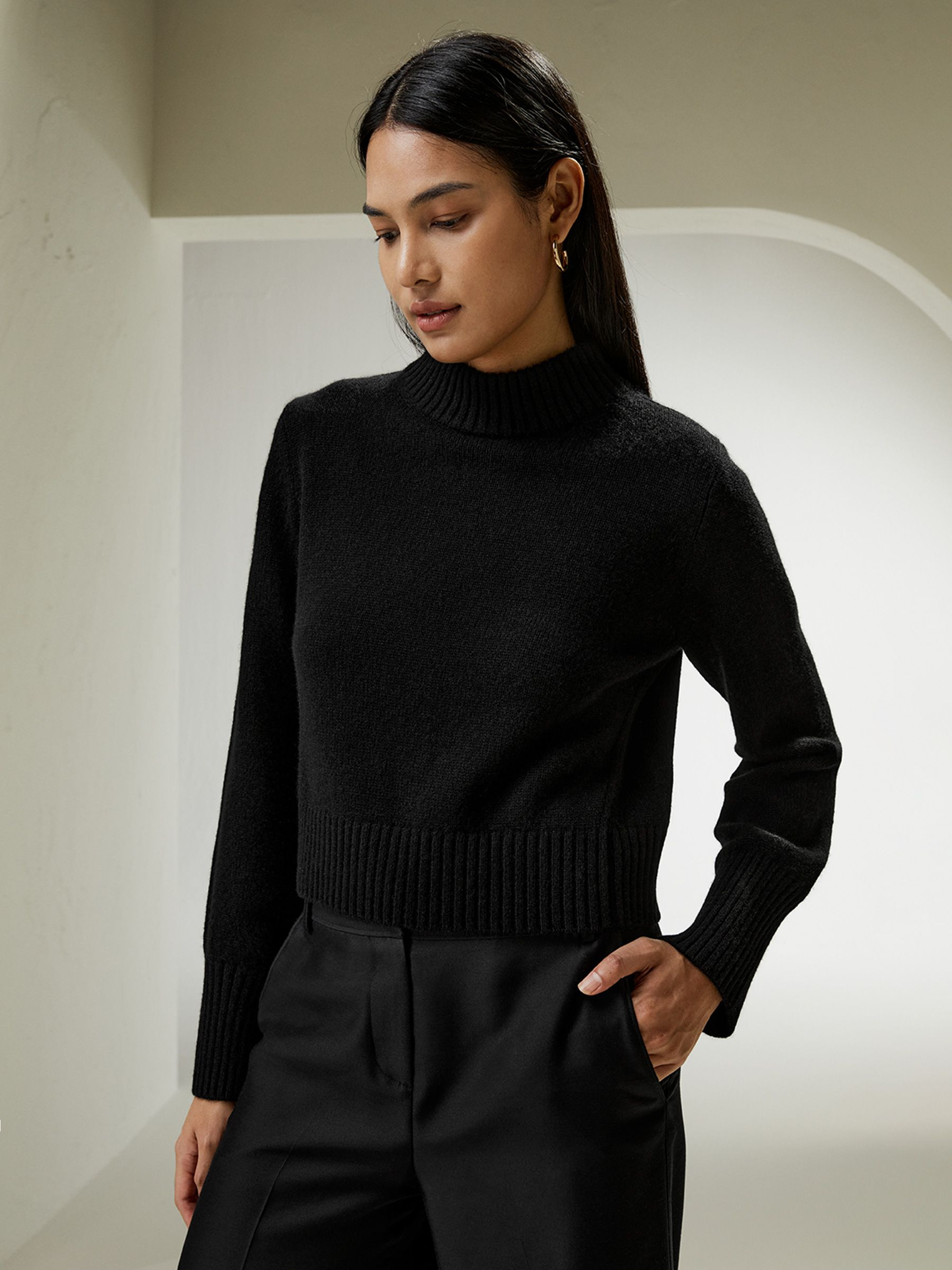 Ribbed Collar and Hemline Wool Cashmere Sweater | LilySilk