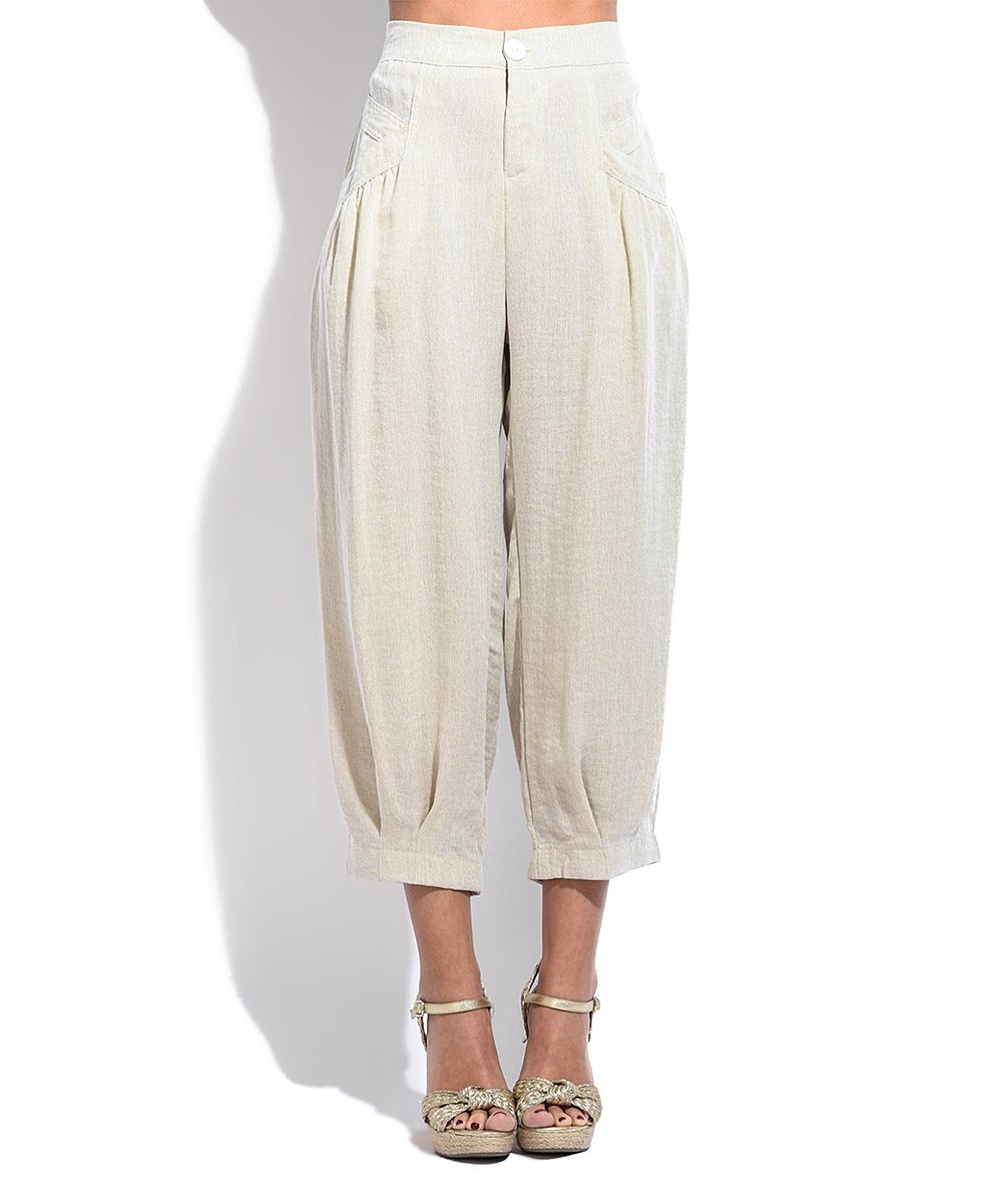 Beige Pleated Cropped Pants | Zulily