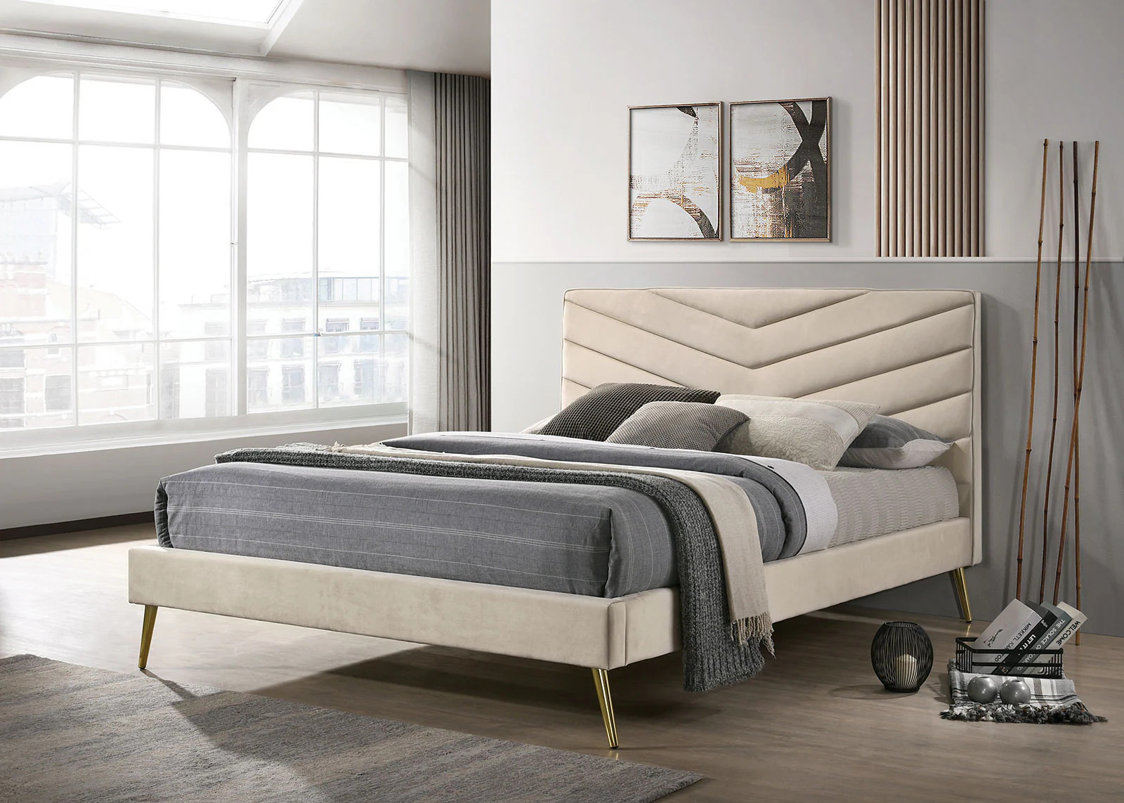 LUXEYARD Bed Padded Headboard Bedroom Furniture Midcentury Modern Beige Flannelette Chevron Tufted Design one_size | DS-X-324BED325 | Lowe's