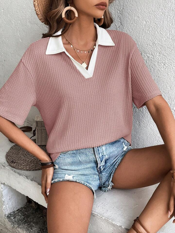 SHEIN Frenchy Contrast Collar Waffle Knit Drop Shoulder Tee | SHEIN