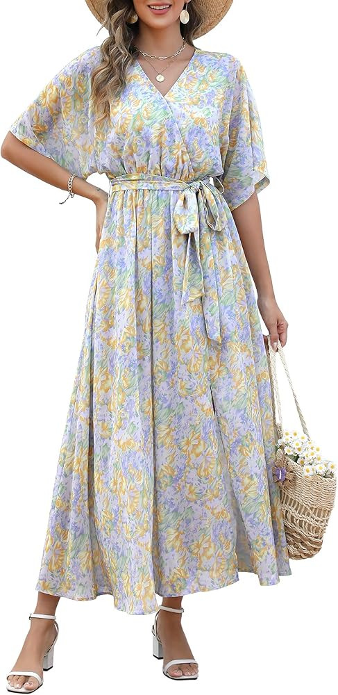 ANRABESS Womens 1/2 Sleeve Beach Wedding Guest Maxi Dresses 2026 Summer Wrap V Neck Boho Floral F... | Amazon (US)