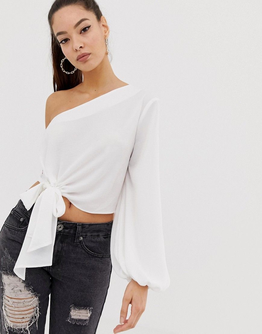ASOS DESIGN long sleeve one shoulder top with knot tie front - White | ASOS US