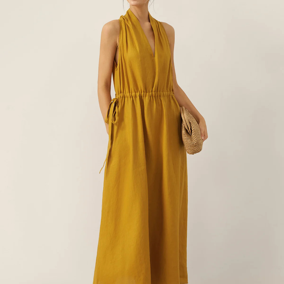 100% Linen V-Neck Halter Maxi Dress BETH | LINTICO