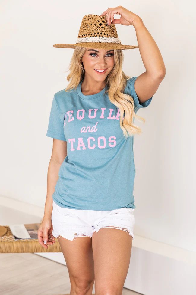 Tequila And Tacos Teal Graphic Tee, Large - Pink Lily | Pink Lily