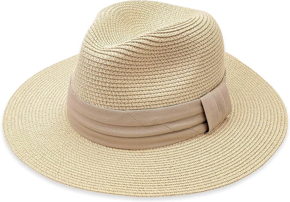 DRESHOW Women Straw Panama Hat Fedora Beach Sun Hat Wide Brim Straw Roll up Hat UPF 50+ | Amazon (US)