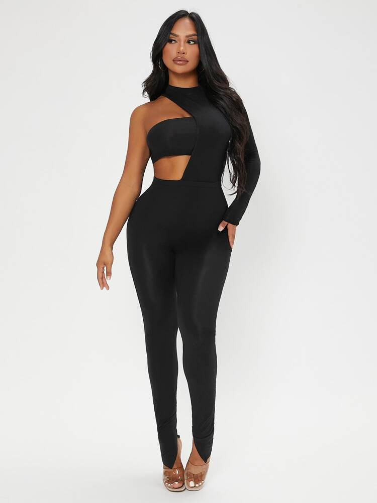 SHEIN SXY Mock Neck Cut Out Split Hem Skinny Jumpsuit & Crop Tube Top | SHEIN