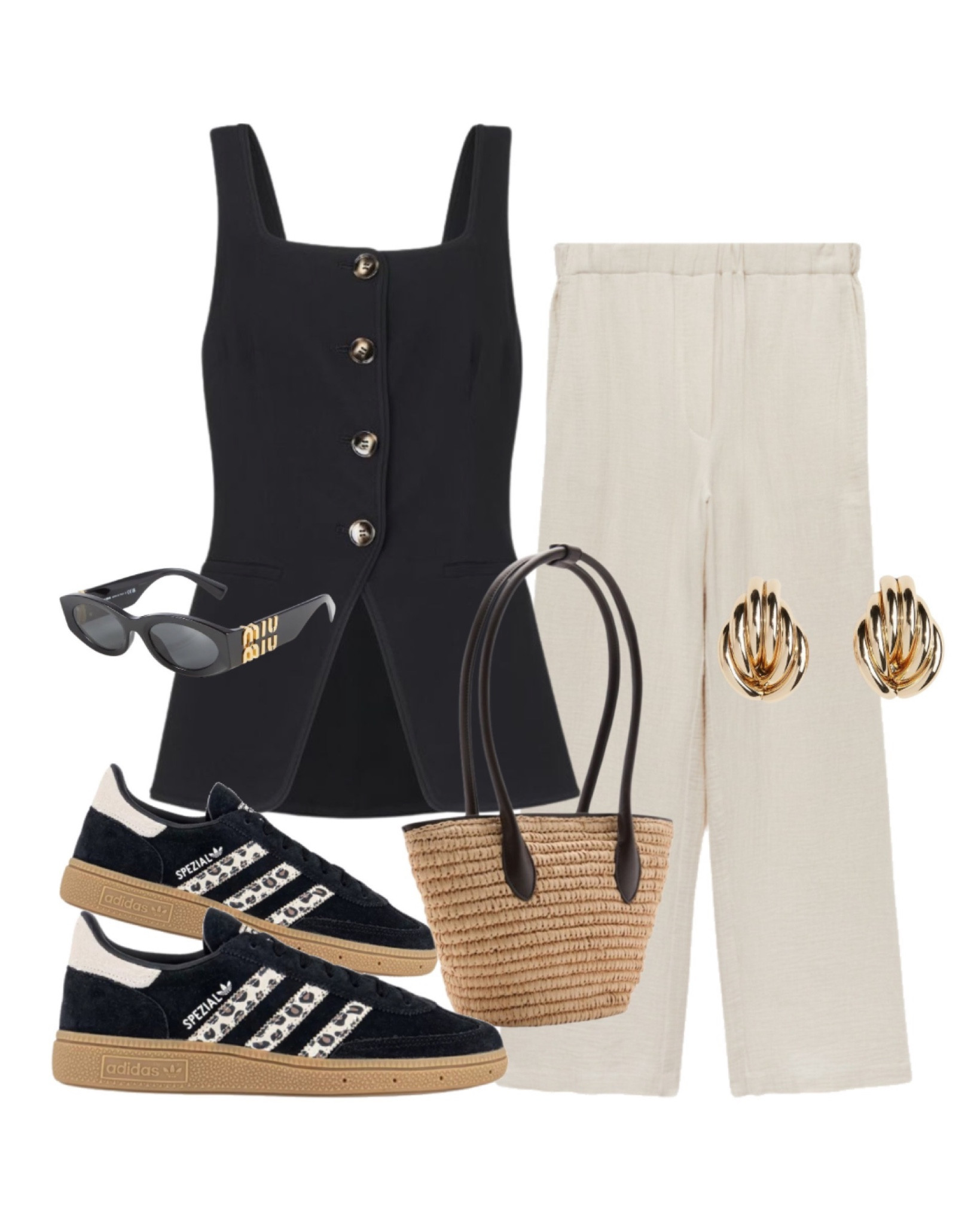 Black longline waistcoat, pull on wide leg trousers, leopard print adidas Spezials, natural fibre bag, gold earrings & Miu Miu sunglasses. Summer outfit, smart casual chic.

#LTKsummer #LTKuk #LTKstyletip
