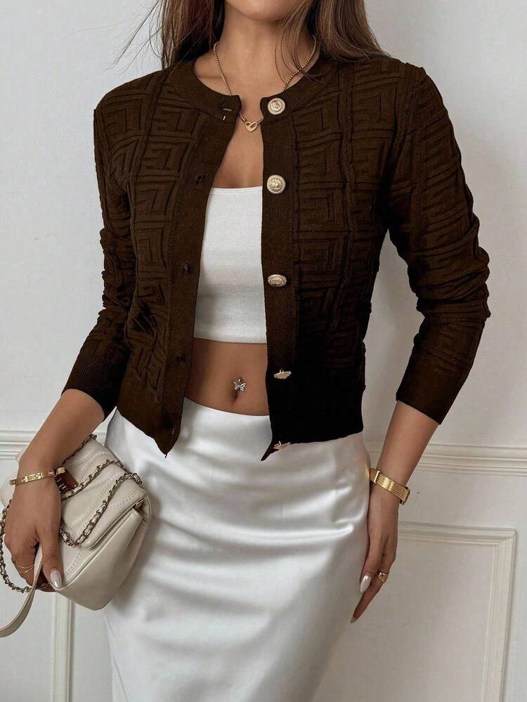 SHEIN PETITE Women's Casual Long Sleeve Single-Breasted Knitted Cardigan, Autumn/Winter | SHEIN