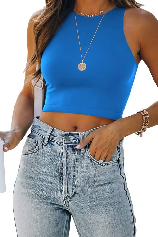 EFAN Womens Sexy Sleeveless High Neck Crop Tops Workout Cute Racerback Cropped Tank Tops Summer C... | Amazon (US)