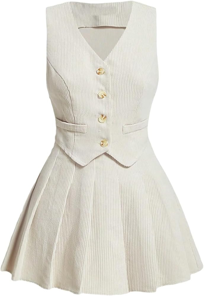 WDIRARA Women's 2 Piece Outfits Button Front Vest Blazer and Pleated Skirt Business Suit | Amazon (US)