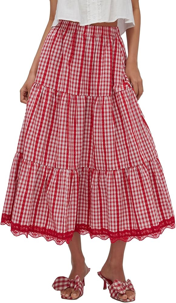 CIDER Women's Gingham Long Skirts Plaid Maxi Skirt Flowy A Line Summer Skirts Casual Trendy | Amazon (US)