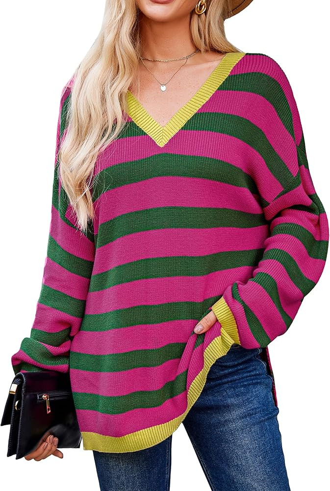 Blooming Jelly Womens Striped Sweater Oversized V Neck Side Slit Cute Long Sleeve Tops Pullover F... | Amazon (US)