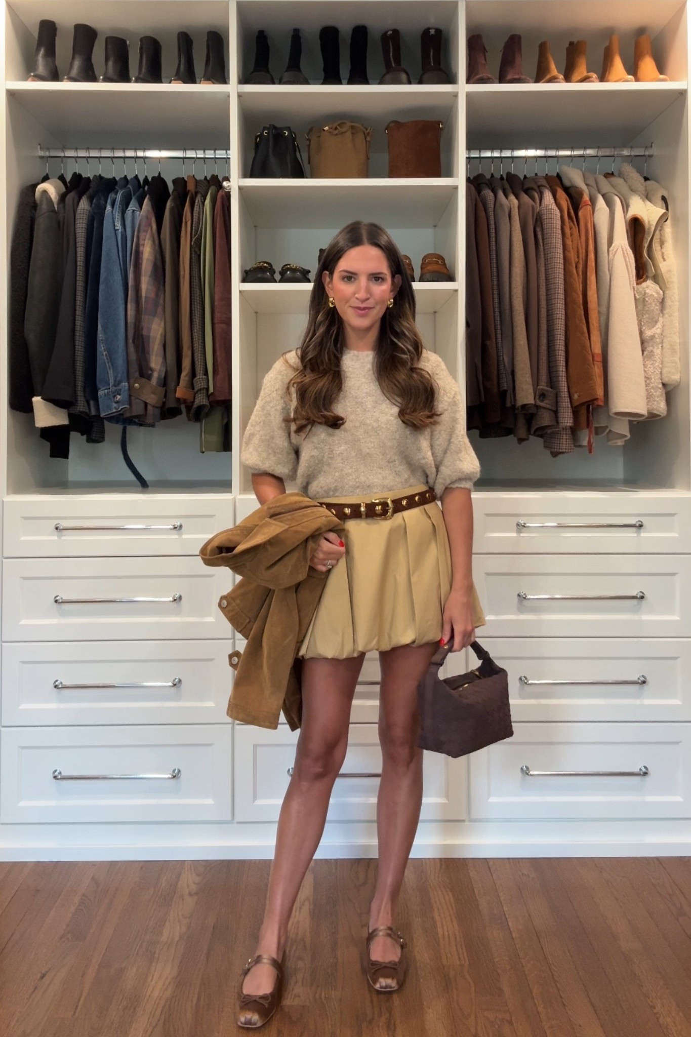 Xsmall skirt 
Xsmall belt 
Small jacket 

Fall outfit 
Ballet flats 
Suede jacket 

#LTKStyleTip #LTKSeasonal #LTKFindsUnder100