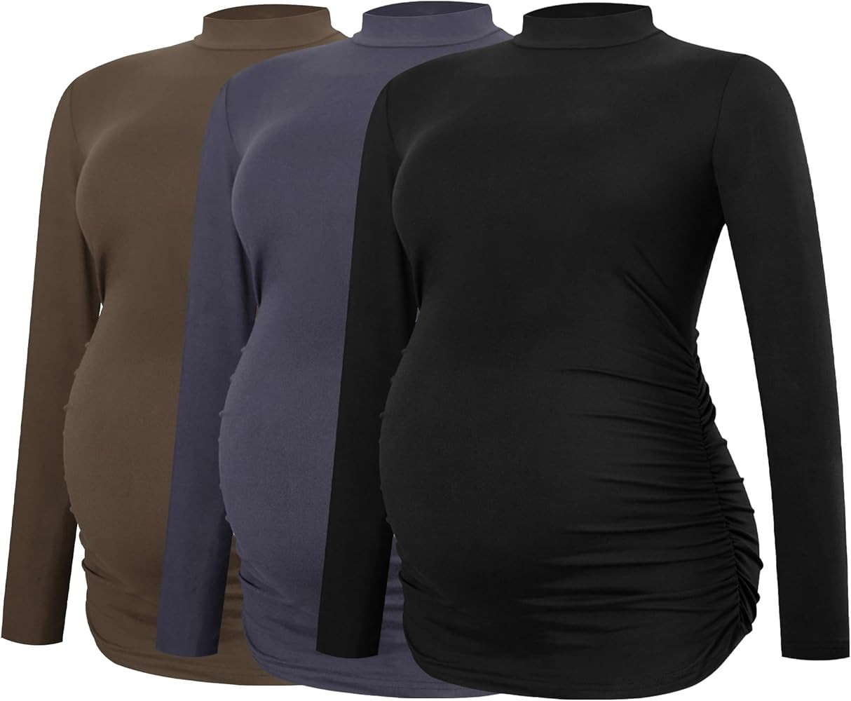 Smallshow Women's Maternity Shirts Crew Neck Long Sleeve Pregnancy Clothes Tops 3 Pack | Amazon (US)