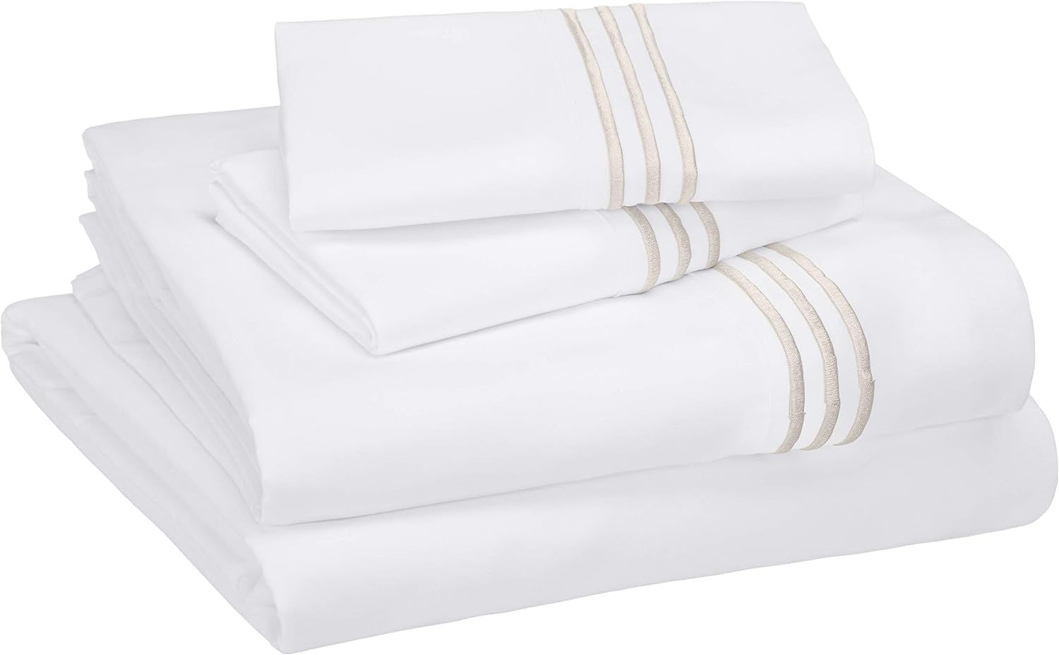 Amazon Basics Premium, Easy-Wash Embroidered Hotel Stitch 120 GSM Sheet Set - Queen, Embroidered ... | Amazon (US)