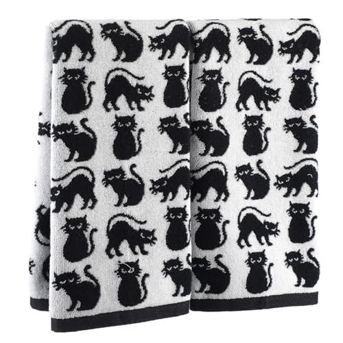 Breling 2 Pcs Cat Hand Towels Black White Cute Kitty Bathroom Towels 100% Cotton Highly Absorbent Soft Kitchen Dish Decorative Gifts for Cat Lovers Halloween Holiday Decorations, 13 x 29 Inch | Amazon (US)