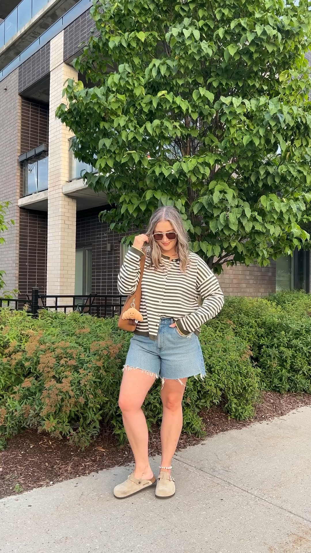 Early fall outfit! Wearing M in the striped cardigan. Sized up to 32 in the denim shorts for a baggy fit. I’m a 9.5-10 shoe and wear a 10 in the Birkenstock clogs

#LTKfall #LTKmidsize #LTKsale