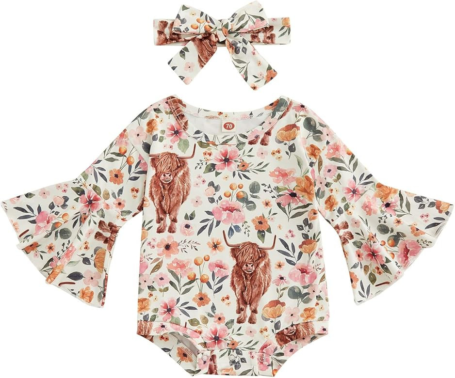 Lamuusaa Newborn Baby Girl Romper Flare Long Sleeve Cow Print Bodysuit One Piece Jumpsuit Headband A | Amazon (US)