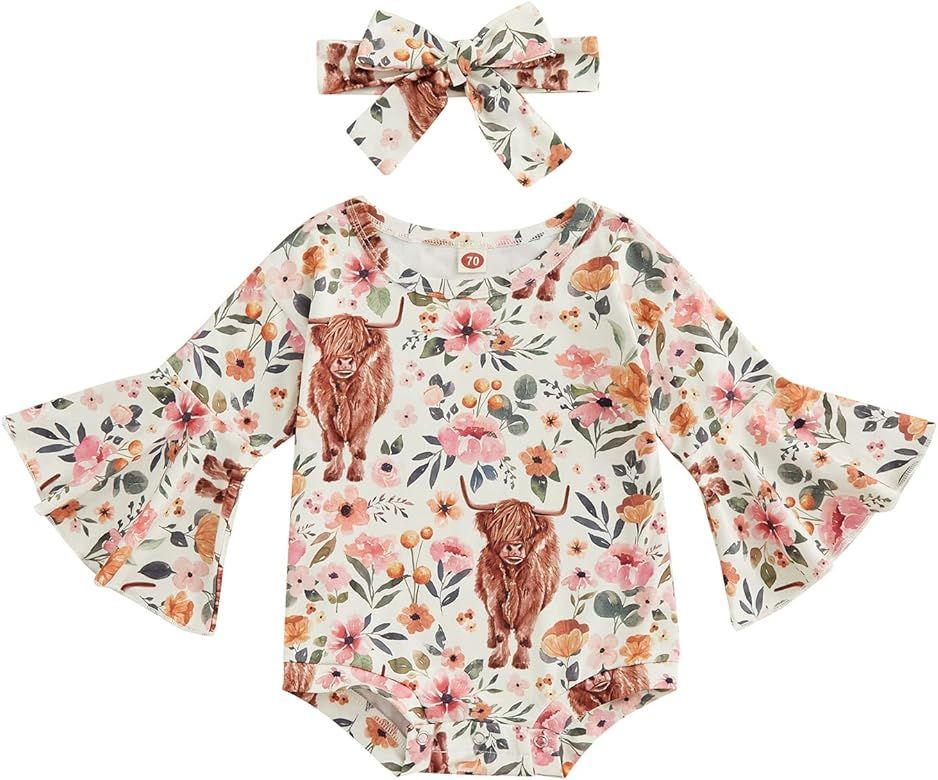 Baby Girl Vintage Floral Romper Long Flare Sleeve Ruffle Bodysuit Shirt Tops Newborn Infants Fall... | Amazon (US)