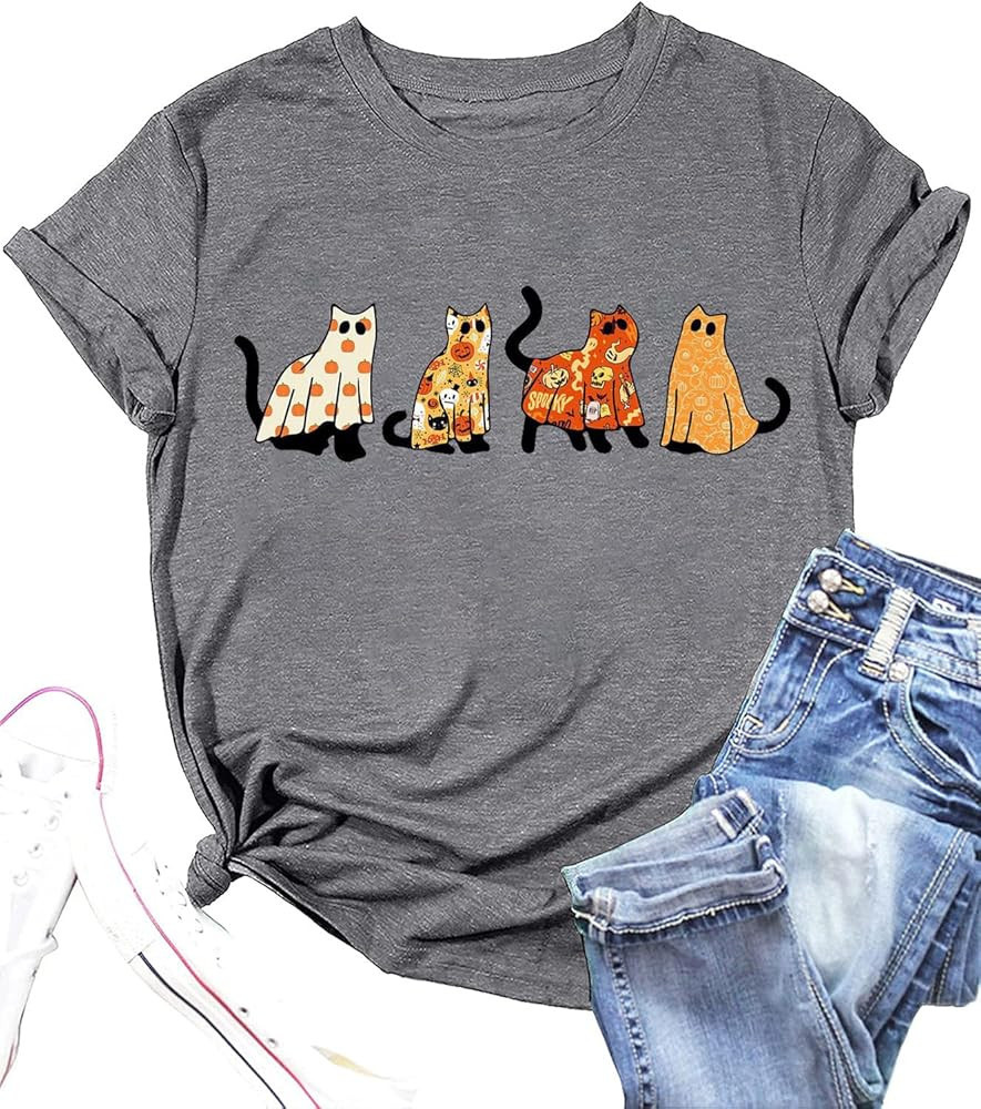 Halloween Cat Lover Tshirt for Women Cute Cats Graphic Tee Halloween Ghost Cat Shirt Spooky Black... | Amazon (US)