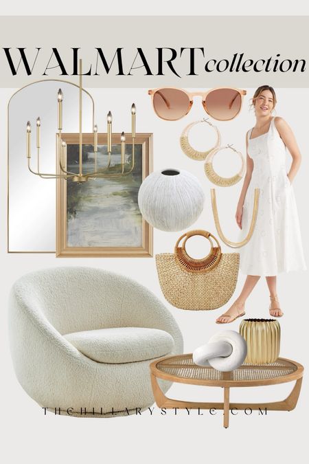 Walmart Collection: neutral home decor and fashion finds from Walmart. White sundress, gold sandals, straw handbag, sunglasses, white accent chair, boucle chair, wood coffee table, gold arch mirror, framed landscape art, gold chandelier, gold vase, wood knot decorative object, ceramic vase, gold layered necklace, raffia earrings.
Summer dress, summer outfit, white dress outfit, summer home refresh.

#LTKHome #LTKStyleTip #LTKSeasonal