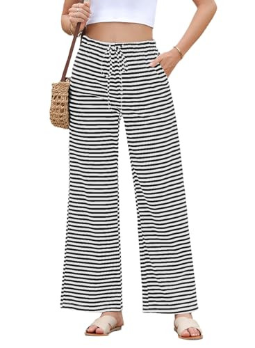 EVALESS Striped Pants Women Casual Wide Leg Drawstring Elastic Waist Kint Trousers Lounge Sweatpa... | Amazon (US)